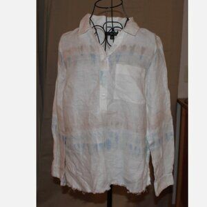 White Pastel Linen Blouse INC Petite M Pullover Top with Raw Edges LS Shirt